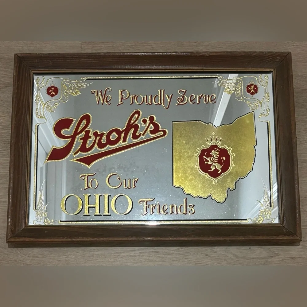 Vintage Stroh’s Beer Ohio Mirror Sign – 1970s-1980s Bar Decor
